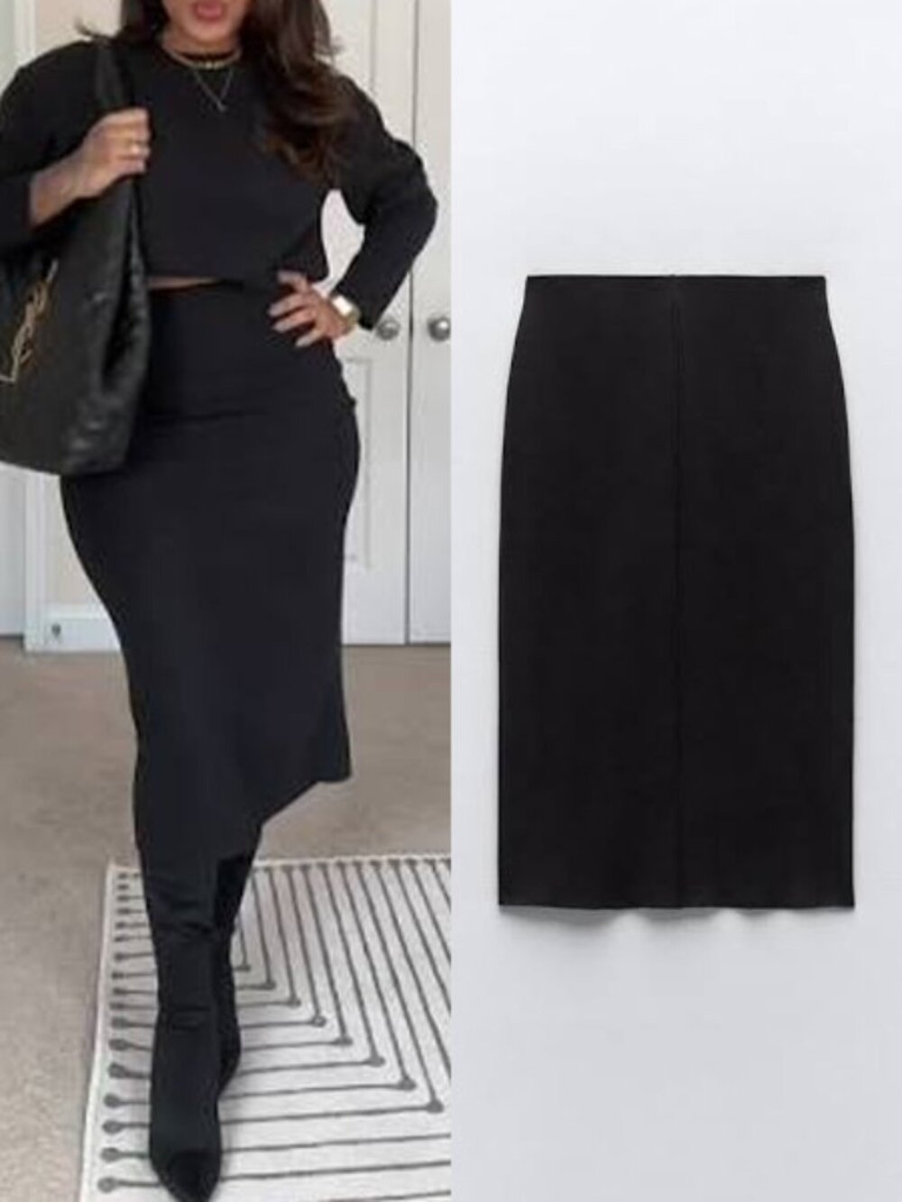 Zara Black High Waisted Soft Knit Midi Pencil Skirt L Minimalist Cozy 5039/436